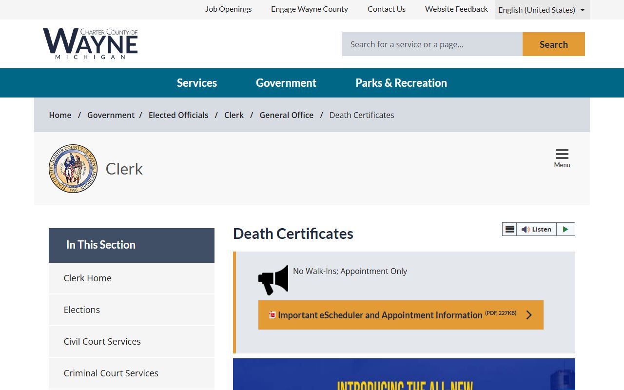 Wayne County Clerk Detroit death certificates page for Detroit Death Index