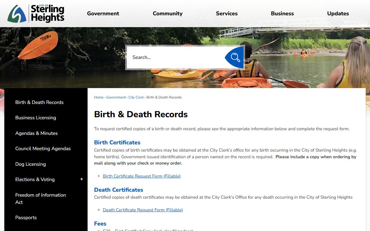 Sterling Heights City Clerk birth and death records page for Sterling Heights Death Index
