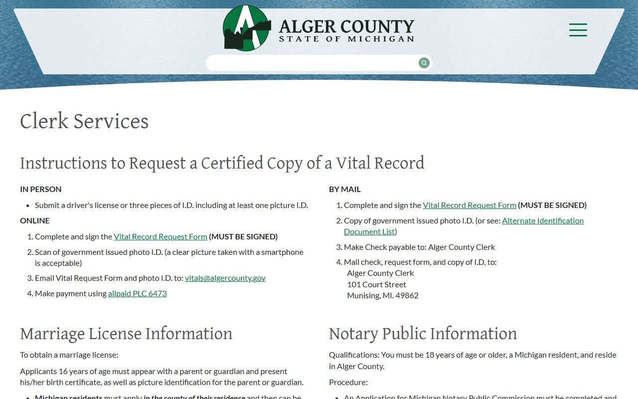 Alger County Clerk services page showing death index request information
