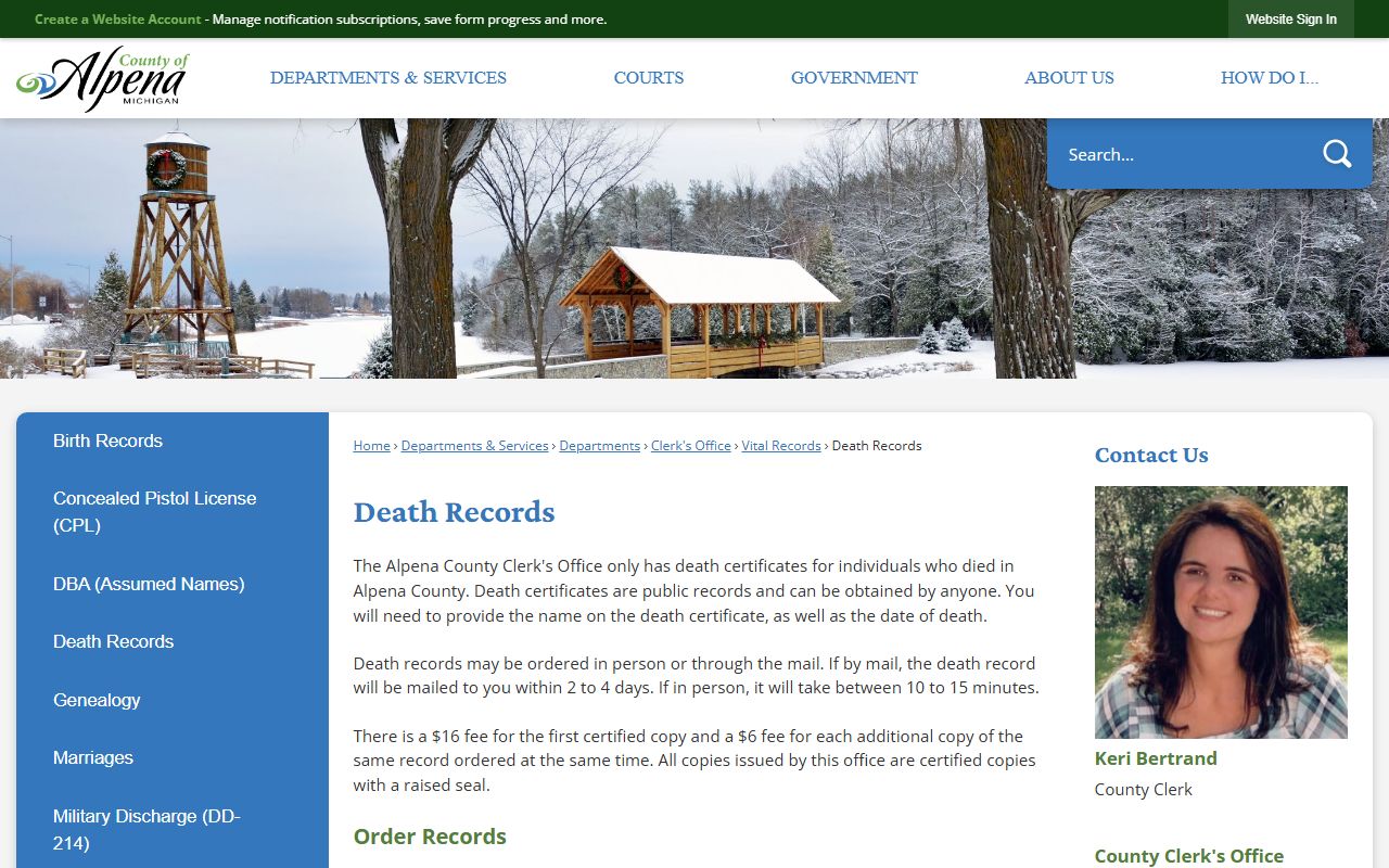 Alpena County Clerk death records page showing death index request process