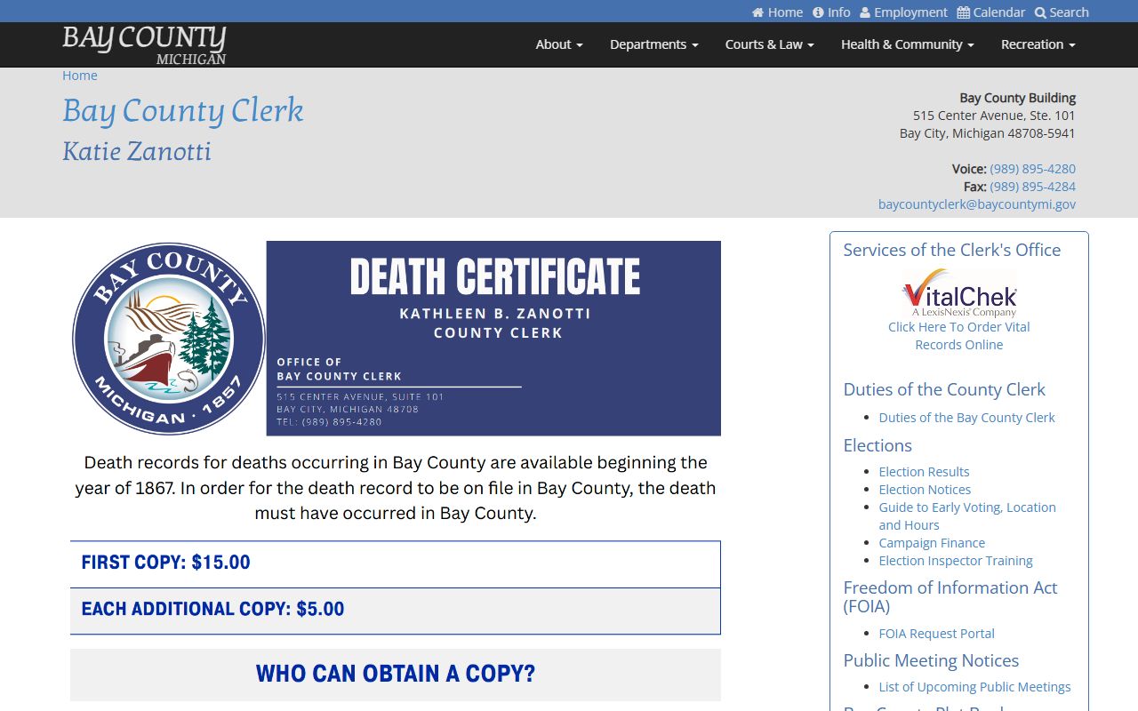 Bay County Clerk death certificates page showing Bay County death index request information
