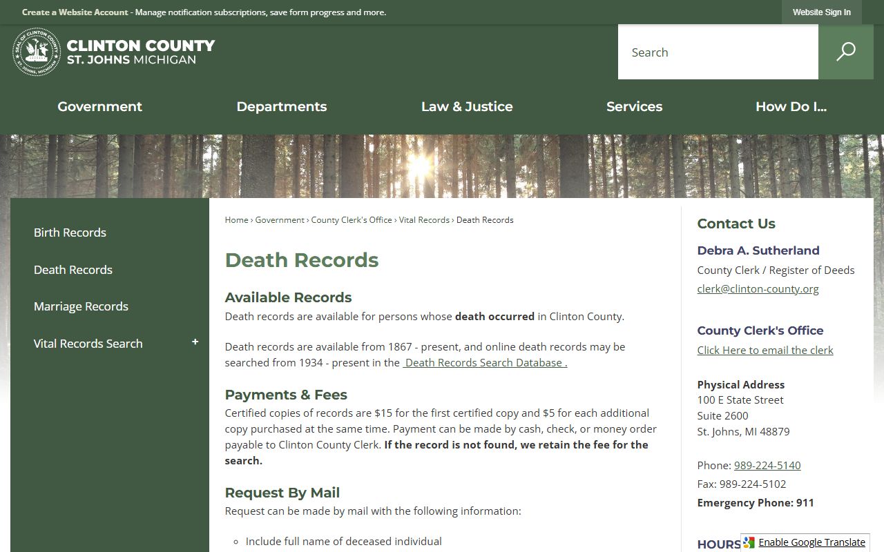 Clinton County Clerk death records page and online death index search
