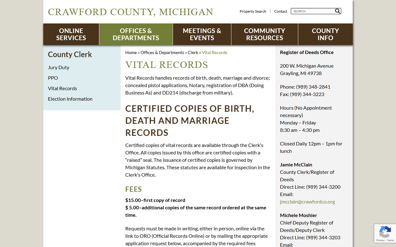 Crawford County Clerk vital records page for death index records