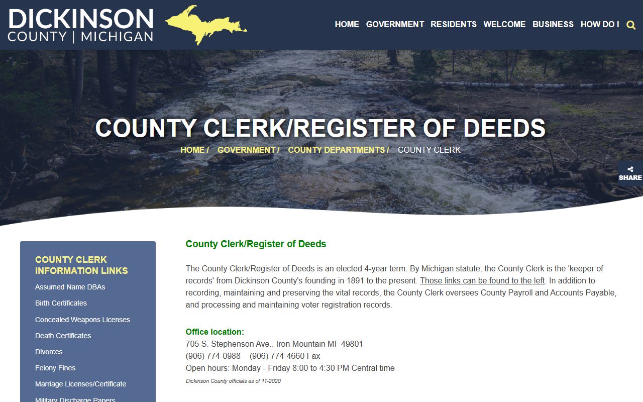 Dickinson County Clerk office for death index records in Iron Mountain