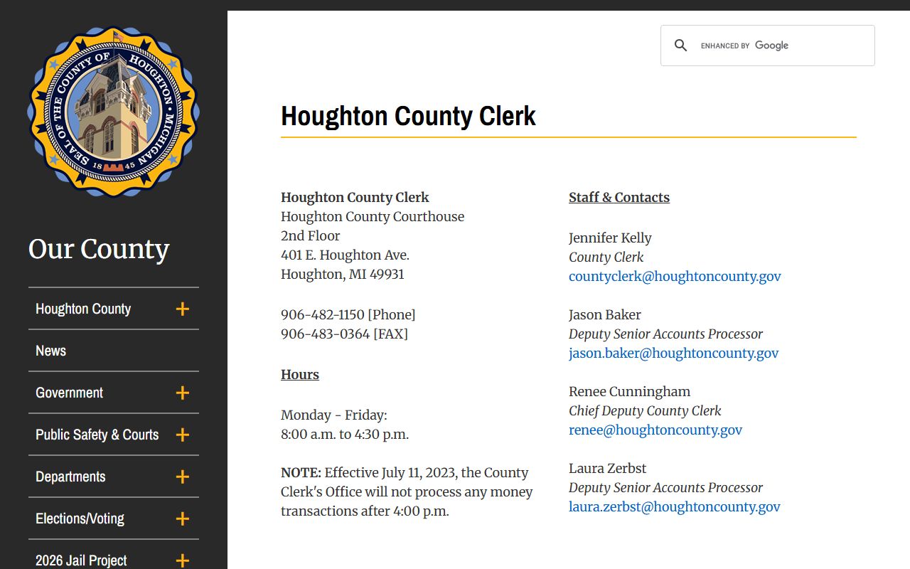 Houghton County Clerk office website showing death index records services