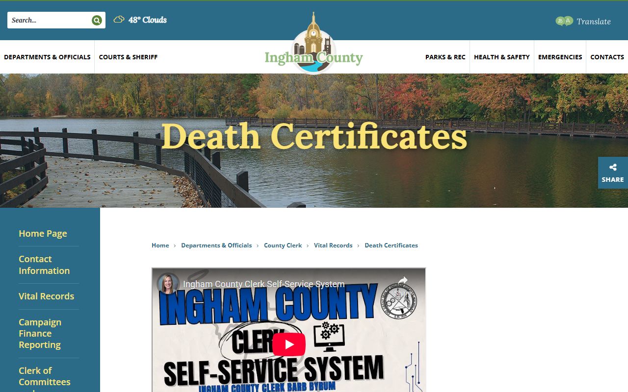 Ingham County Clerk death certificates page for death index records