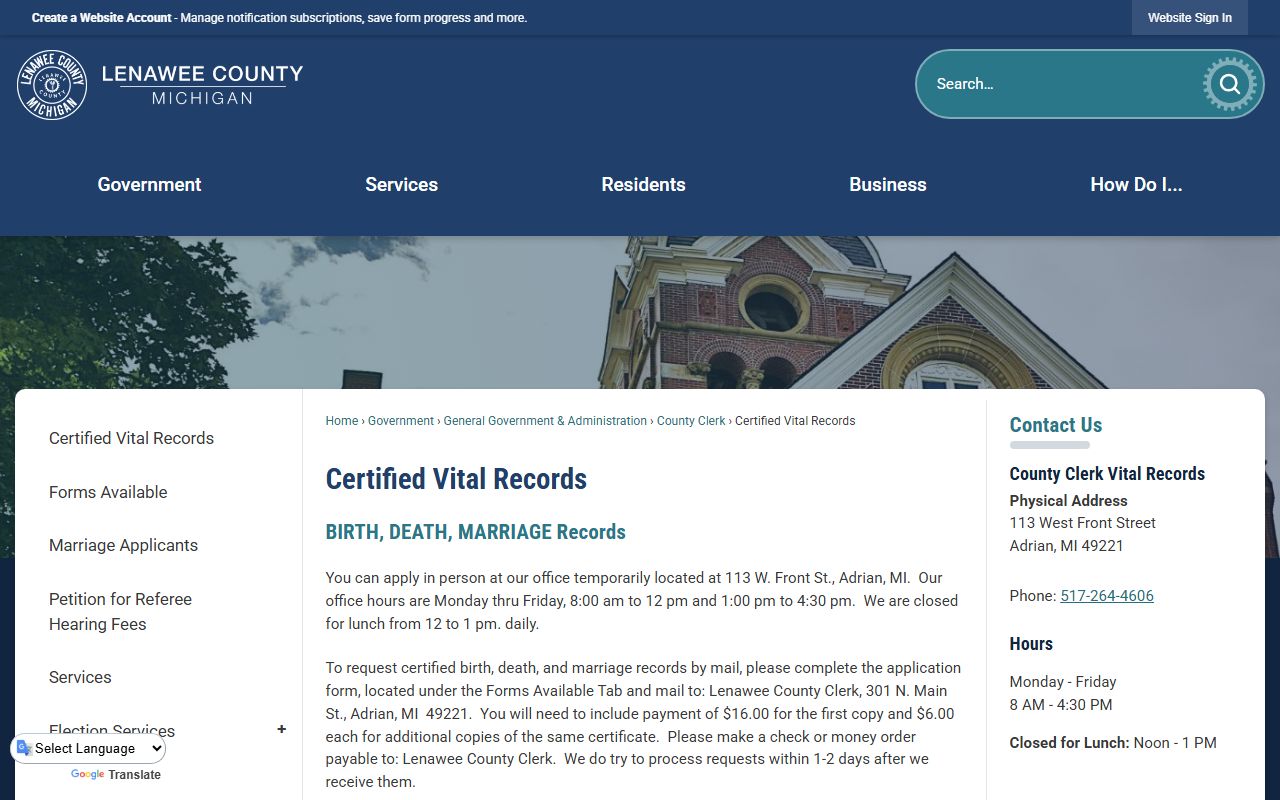 Lenawee County Clerk vital records page for death index requests