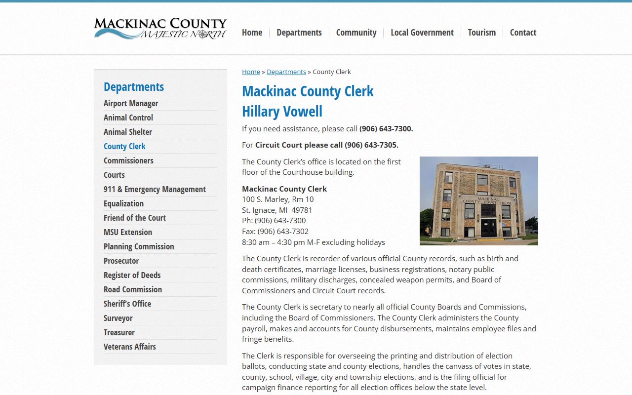 Mackinac County Clerk office page for death index records