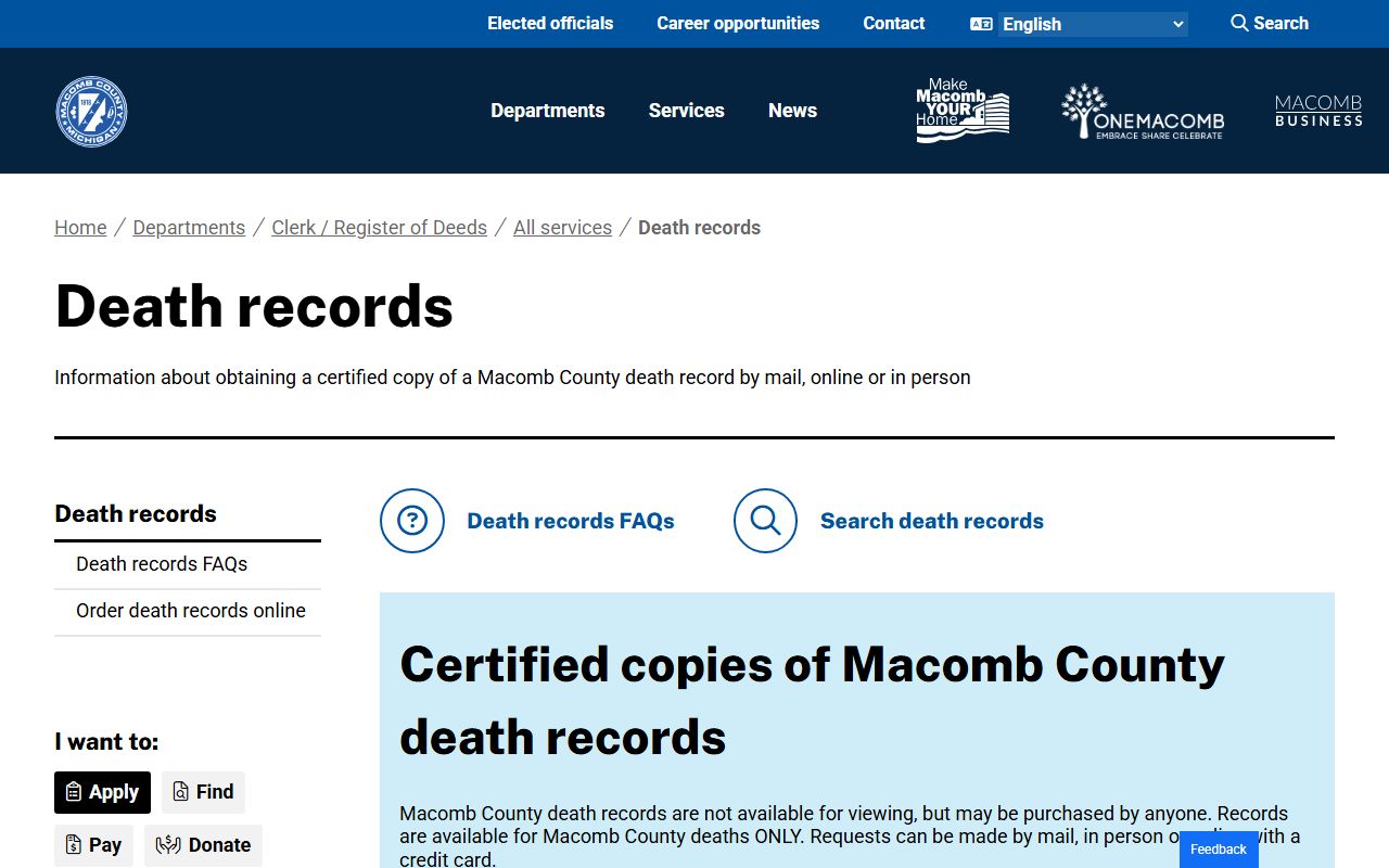 Macomb County Clerk death records page for Macomb County death index