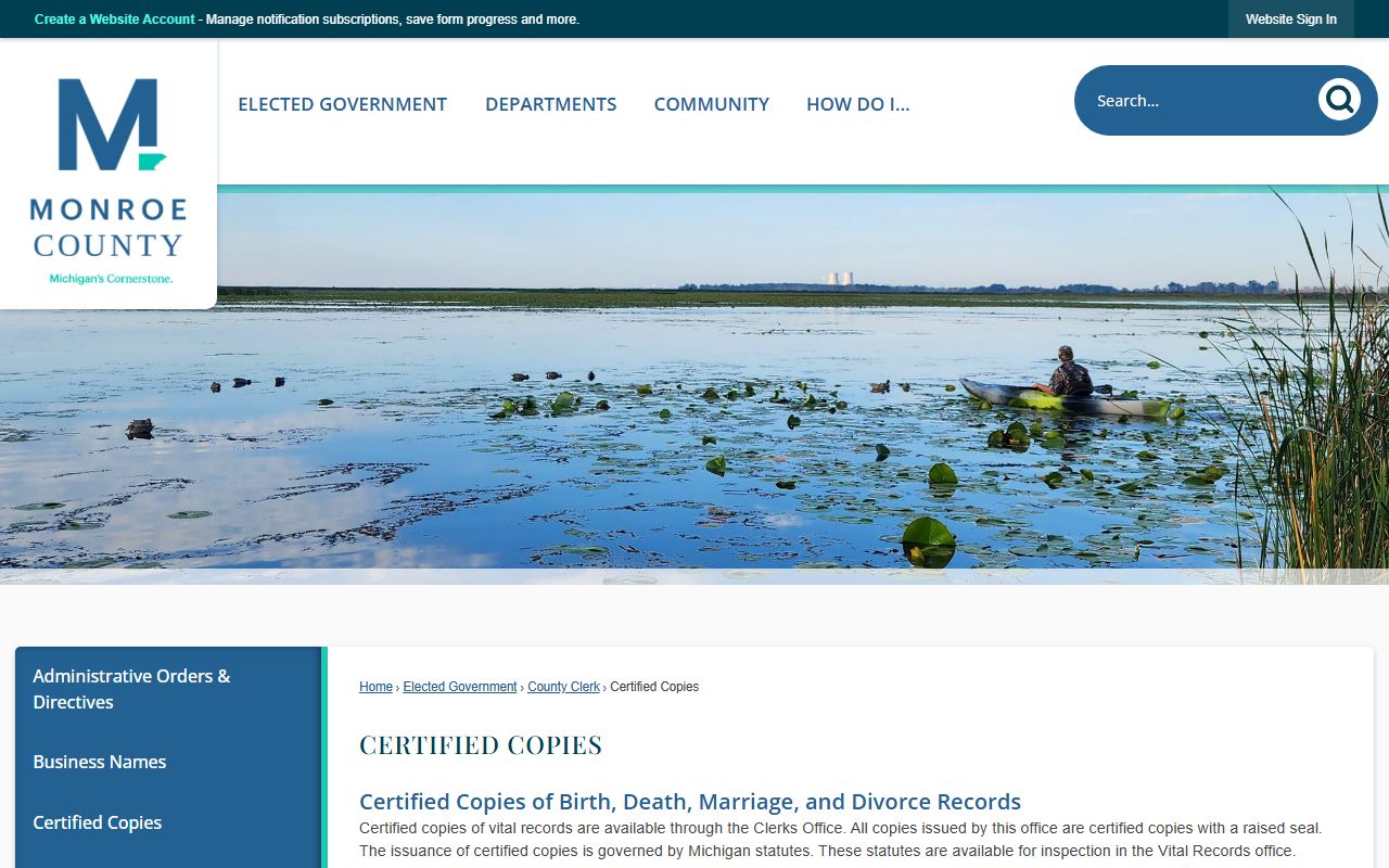 Monroe County Clerk certified copies page for Monroe County death index