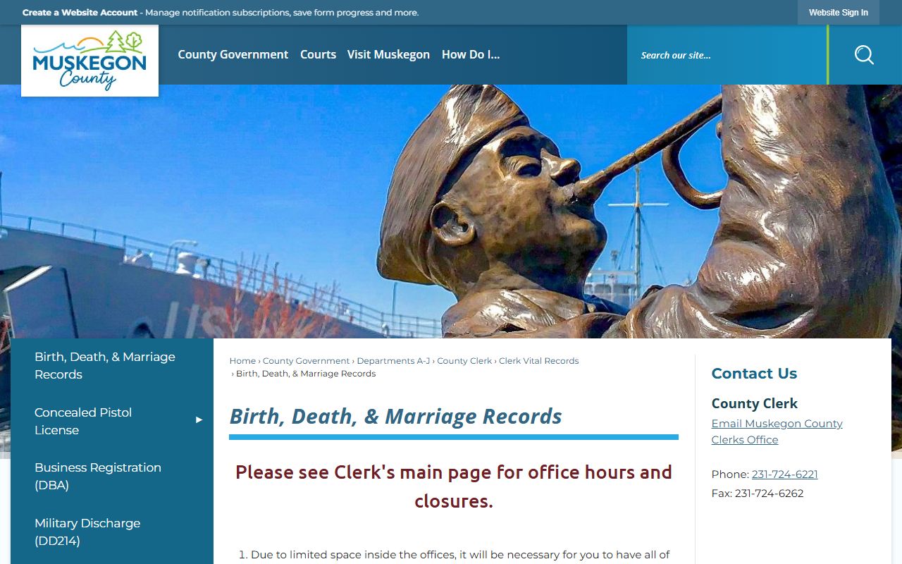 Muskegon County Clerk vital records page for Muskegon County death index
