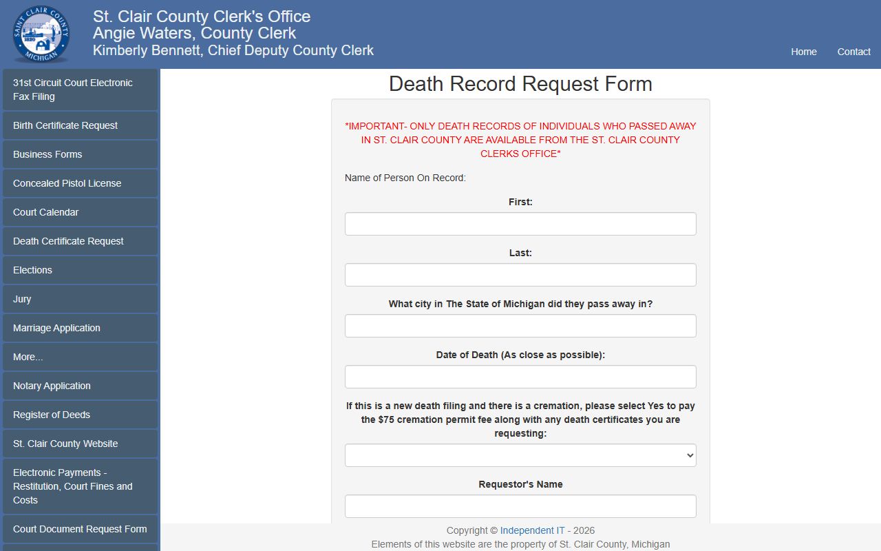 St. Clair County Clerk death record request form for the county death index