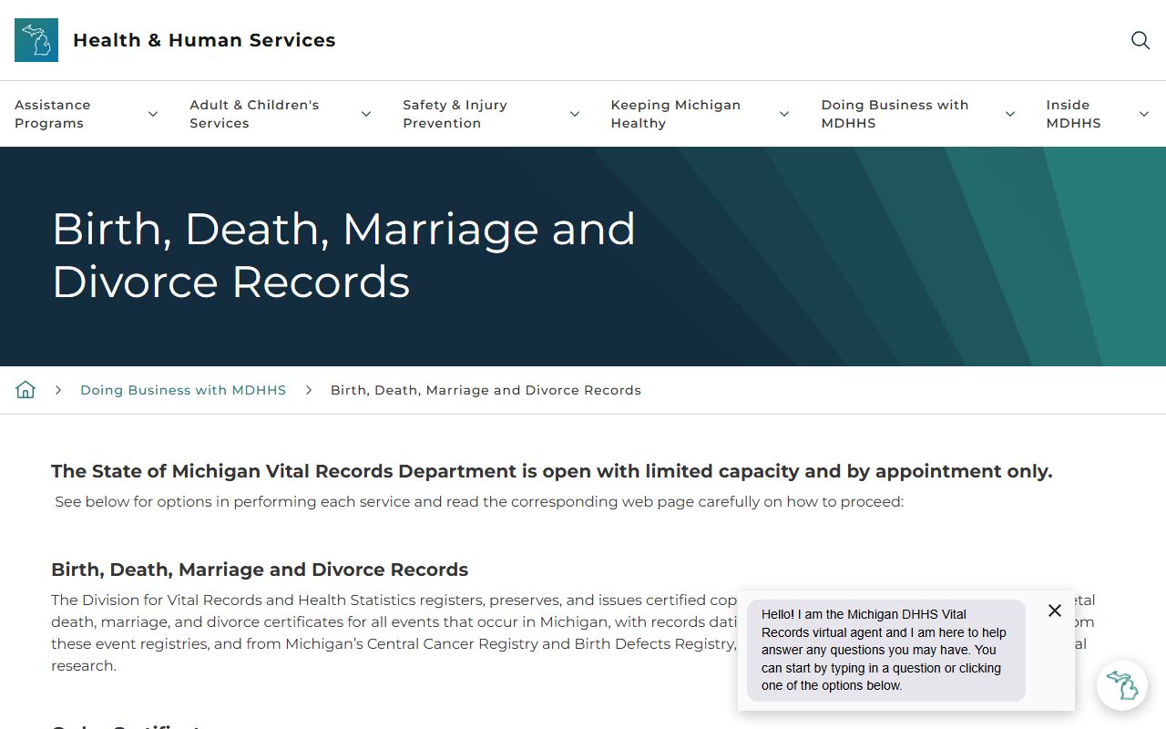 Michigan MDHHS Vital Records main page for Michigan Death Index