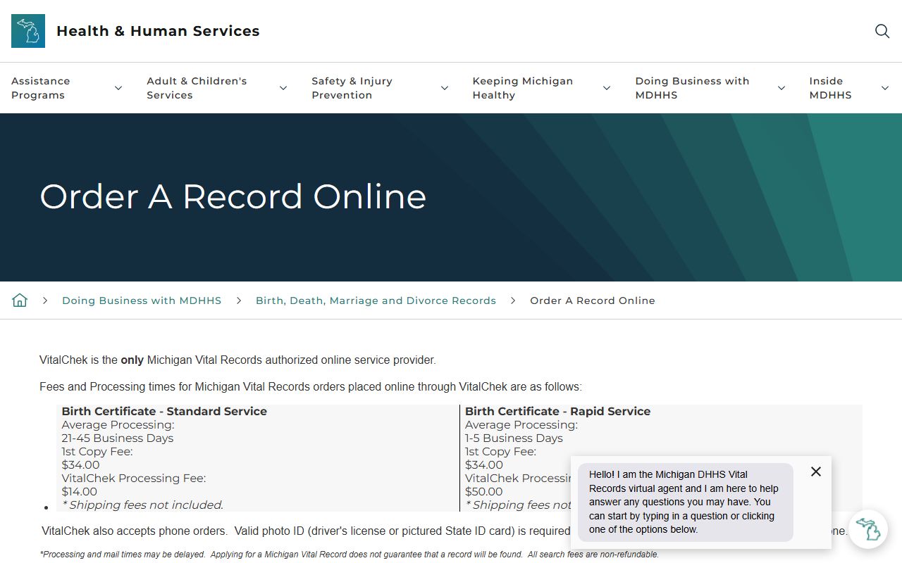 Michigan MDHHS online order page for Death Index certificates