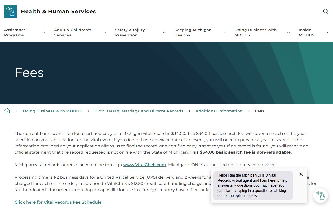 Michigan MDHHS vital records fees page for Death Index copies
